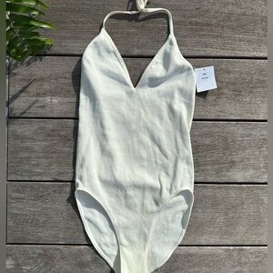 White Ribbed Halter Tie Bodysuit
